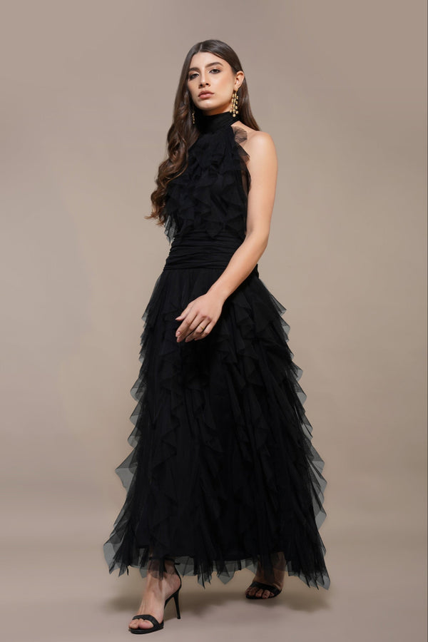 Lace & Beads Tabitha Maxi Ruffle Dress In Black
