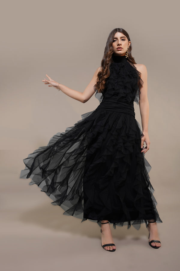 Lace & Beads Tabitha Maxi Ruffle Dress In Black