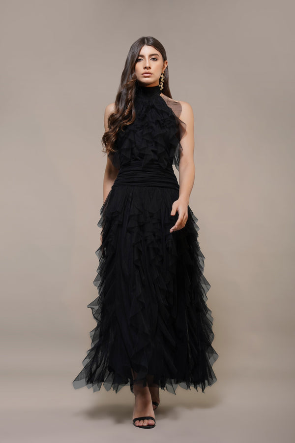 lace & beads Tabitha Maxi Ruffle Dress in Black
