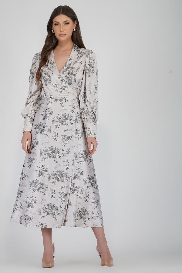 Lace & Beads Talia Champagne Satin Wrap Midi Dress