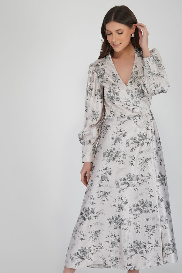 Lace & Beads Talia Champagne Satin Wrap Midi Dress