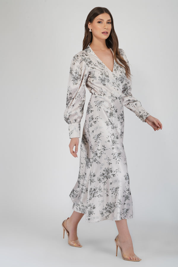 lace & beads Talia Champagne Satin Wrap Midi Dress