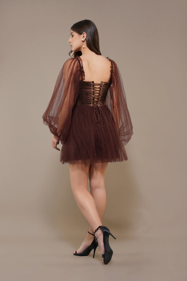 Lace & Beads Tara Mini Dress In Coffee Brown
