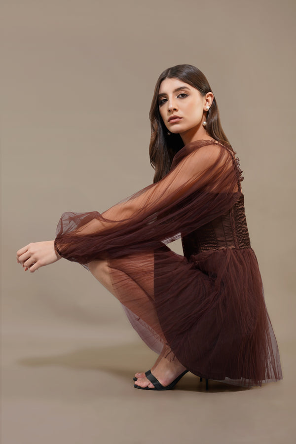 Lace & Beads Tara Mini Dress In Coffee Brown