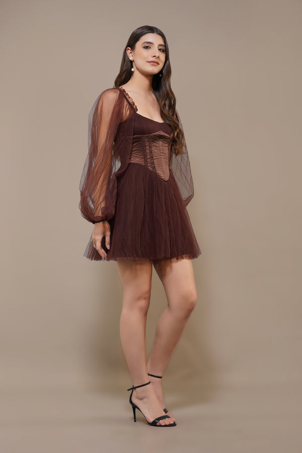 Lace & Beads Tara Mini Dress In Coffee Brown