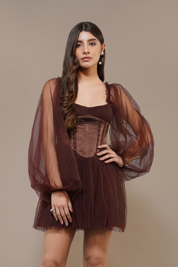 lace & beads Tara Mini Dress in Coffee Brown