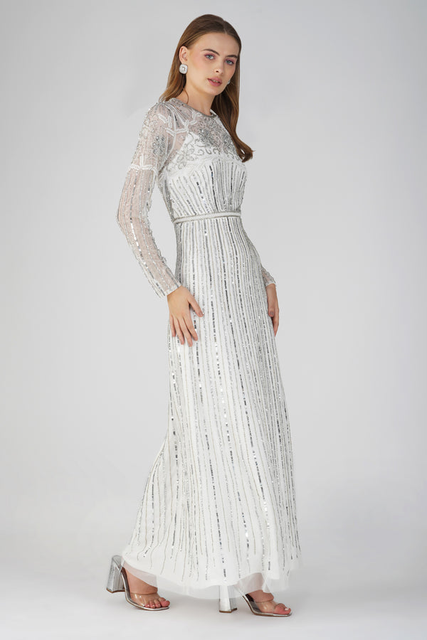 Lace & Beads Teresa Embellished Maxi Dress In Silver