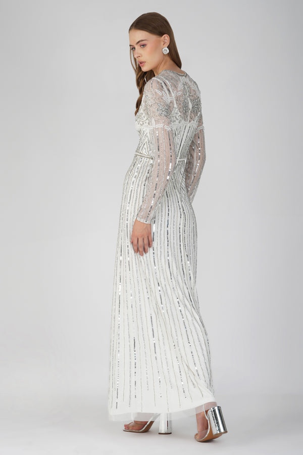 Lace & Beads Teresa Embellished Maxi Dress In Silver