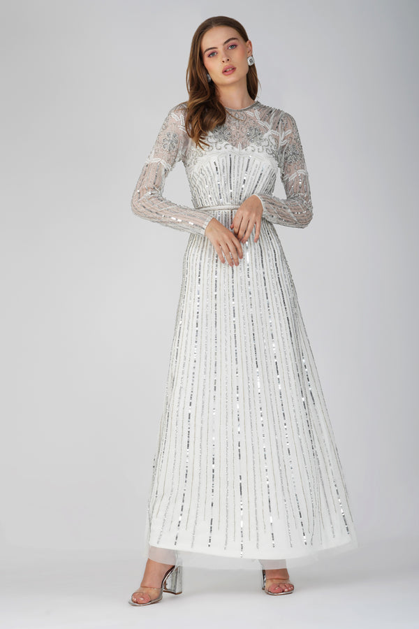 lace & beads Teresa Embellished Maxi Dress in Silver