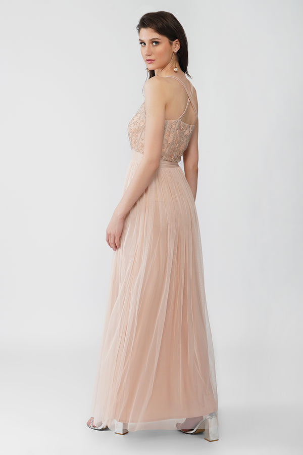 Lace & Beads Ursa Blush Pink Embellished Maxi Dress