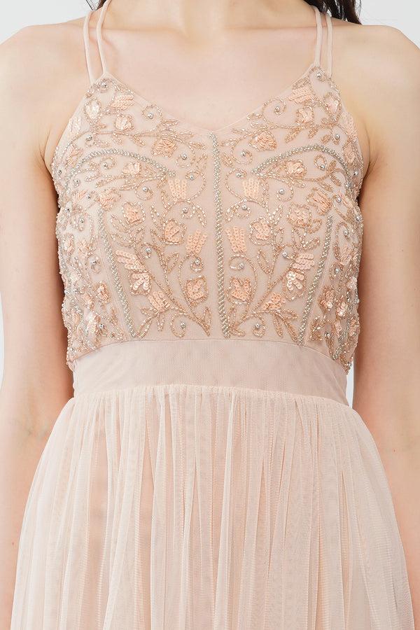 Lace & Beads Ursa Blush Pink Embellished Maxi Dress