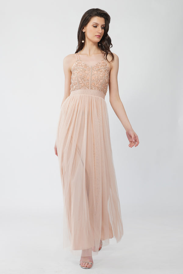 Lace & Beads Ursa Blush Pink Embellished Maxi Dress