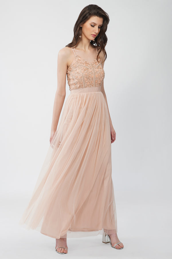 lace & beads Ursa Blush Pink Embellished Maxi Dress