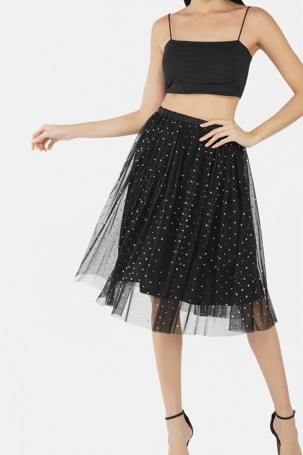 Lace & Beads Val Black And Gold Tulle Midi Skirt