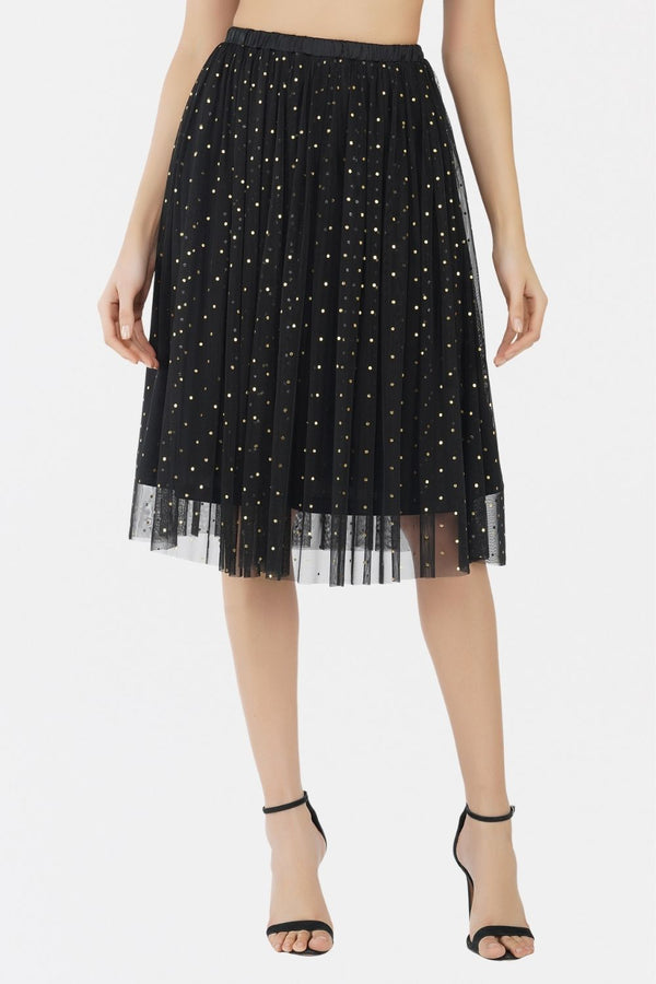 lace & beads Val Black and Gold Tulle Midi Skirt