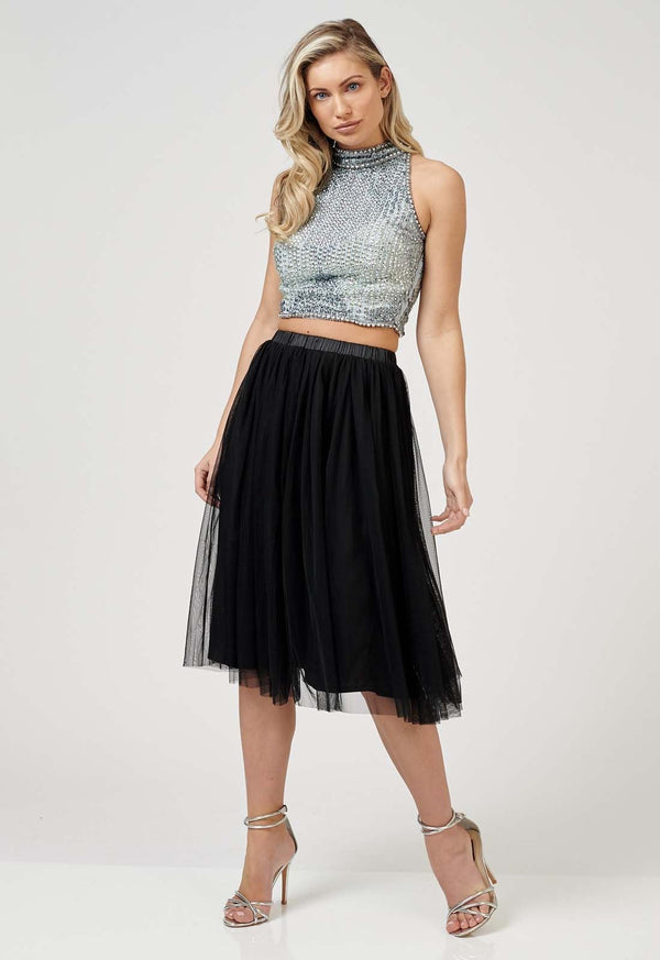 Lace & Beads Val Tulle Midi Skirt In Black