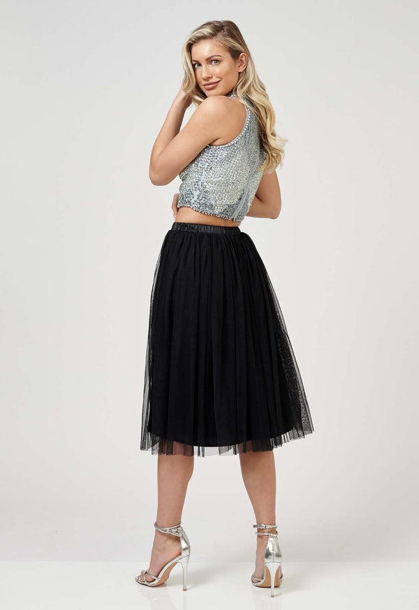 Lace & Beads Val Tulle Midi Skirt In Black