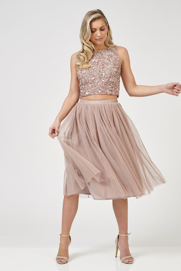Lace & Beads Val Tulle Midi Skirt In Mink