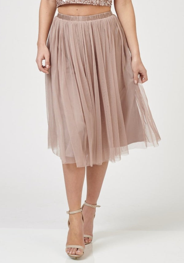 lace & beads Val Tulle Midi Skirt in Mink