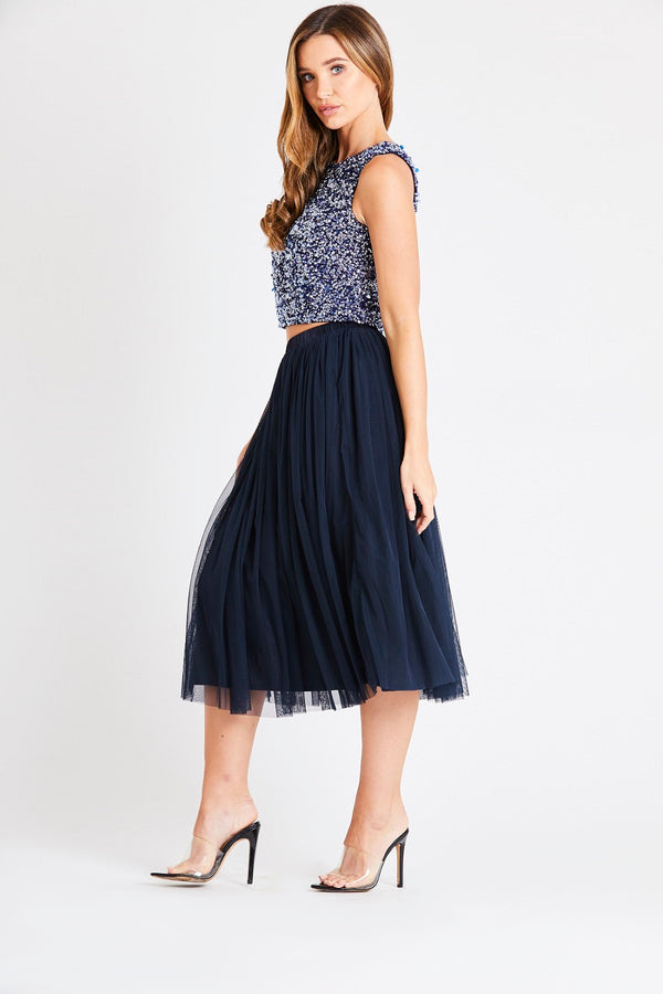 Lace & Beads Val Tulle Midi Skirt In Navy