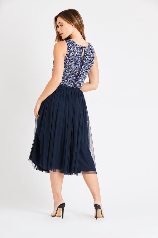 Lace & Beads Val Tulle Midi Skirt In Navy