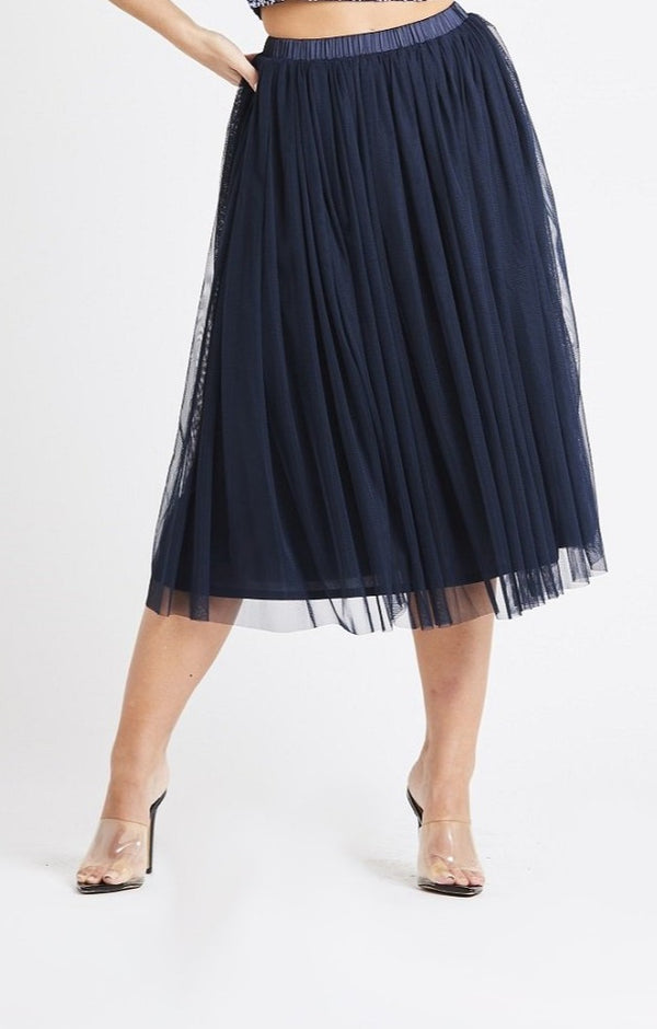 Lace & Beads Val Tulle Midi Skirt In Navy