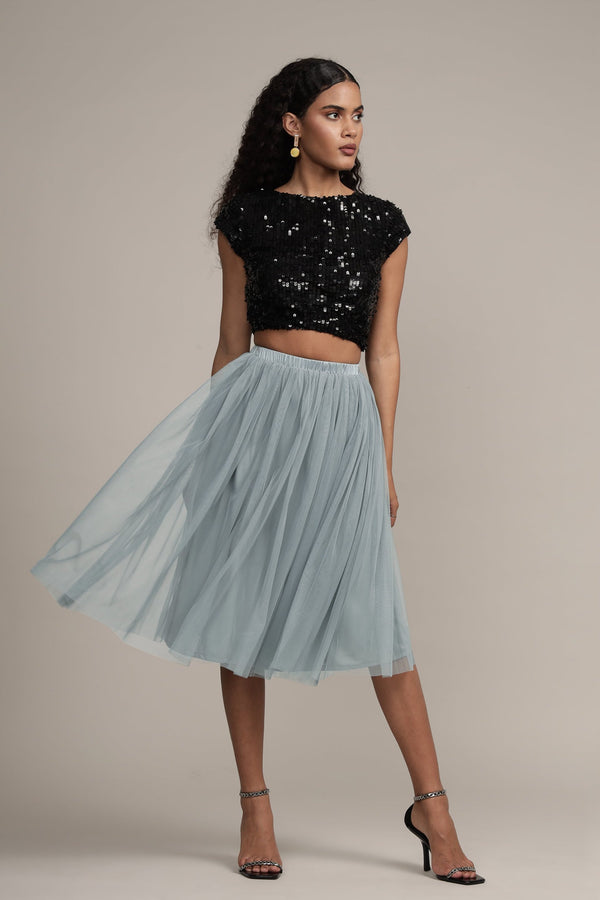 Lace & Beads Val Tulle Midi Skirt In Teal