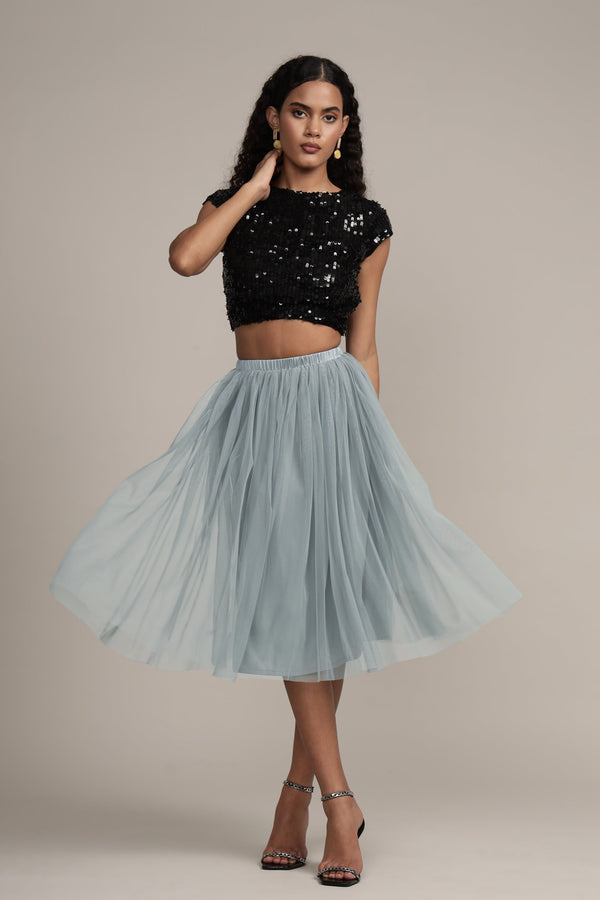 lace & beads Val Tulle Midi Skirt in Teal