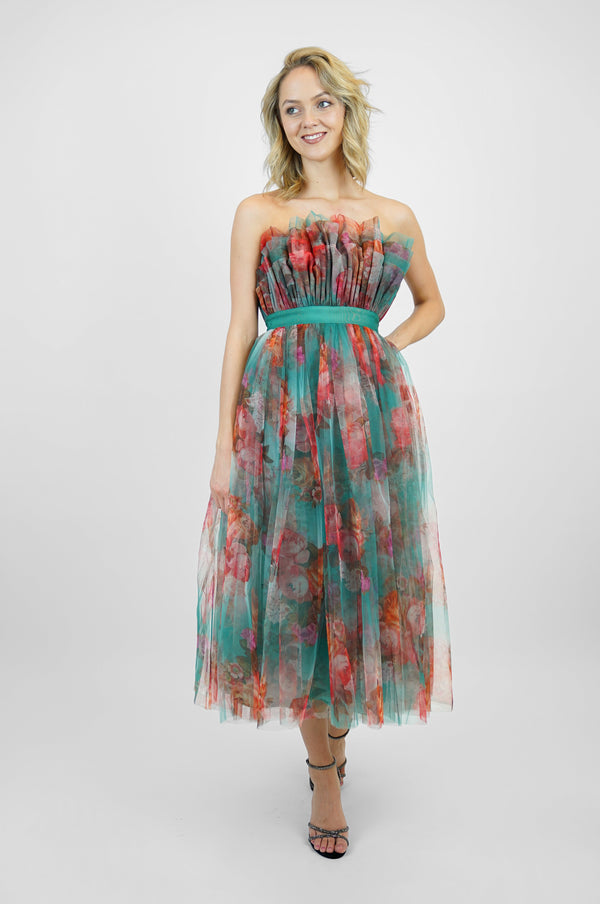 Lace & Beads Verity Tulle Midi Dress In Green Print