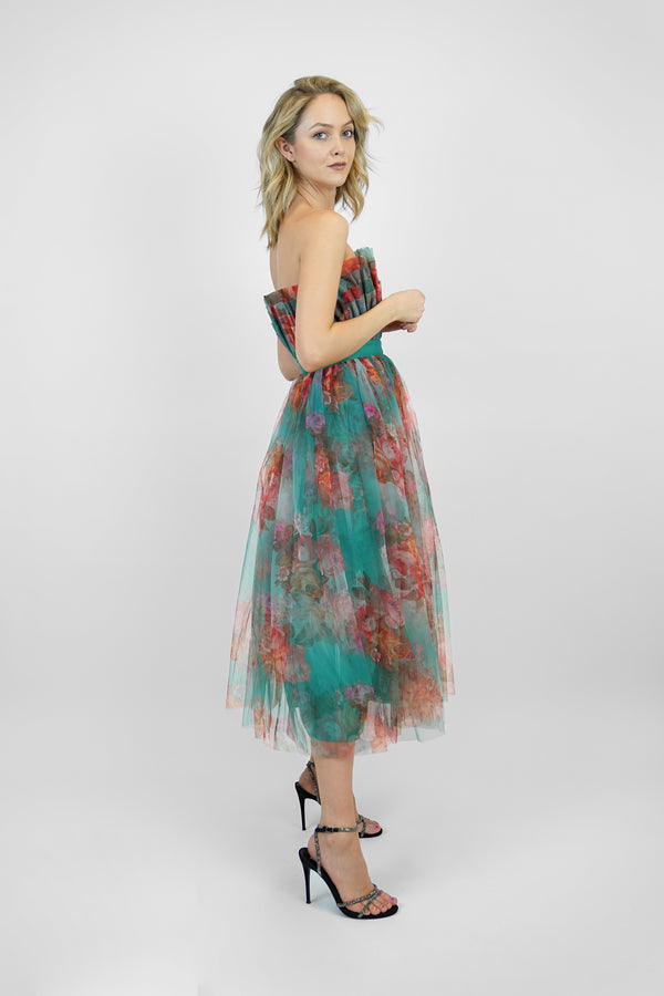 Lace & Beads Verity Tulle Midi Dress In Green Print