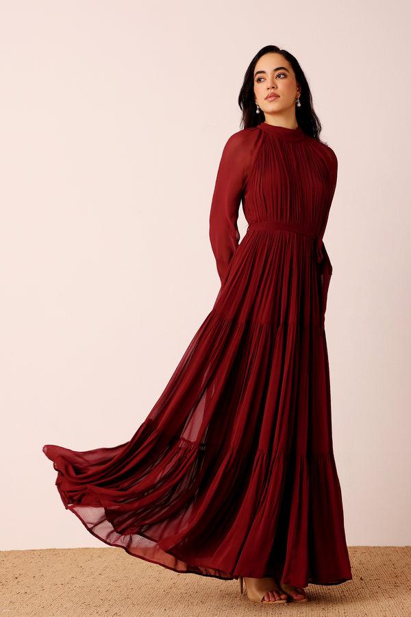 Lace & Beads Violetta Maxi Dress In Burgundy