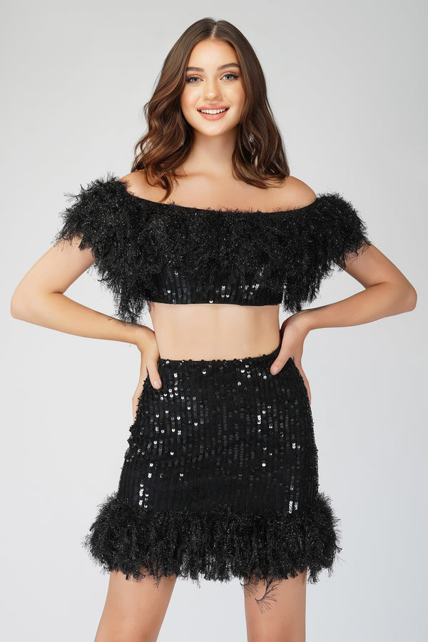 Lace & Beads Zuri Sequin Black Feather Top