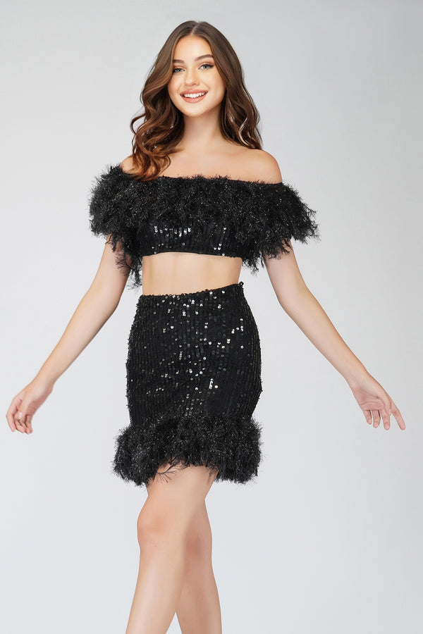 lace & beads Zuri Sequin Black Feather Top