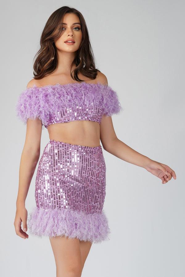 Lace & Beads Zuri Sequin Lilac Feather Skirt