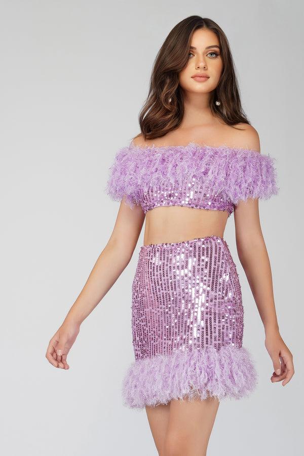 Lace & Beads Zuri Sequin Lilac Purple Feather Top