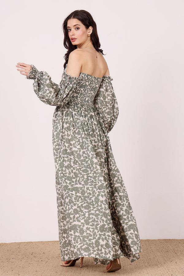 Lace & Beads Lana Cotton Maxi Dress In Green Leaf Print