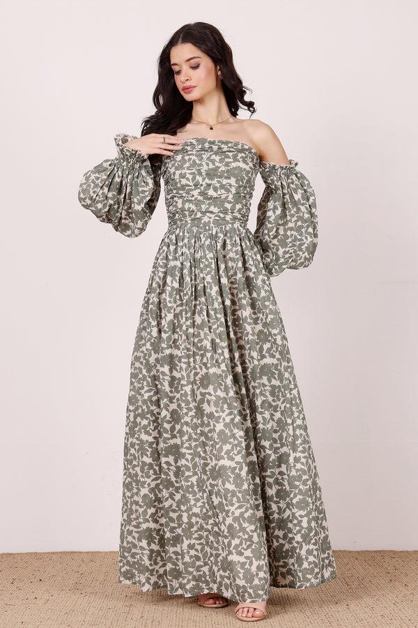 Lace & Beads Lana Cotton Maxi Dress In Green Leaf Print