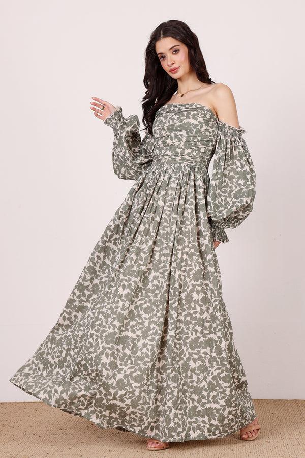 Lace & Beads Lana Cotton Maxi Dress In Green Leaf Print