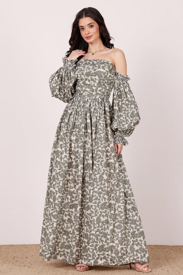 lace & beads Lana Cotton Maxi Dress in Green Leaf Print