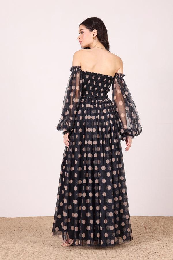 Lace & Beads Lana Maxi Dress In Black And Beige Polka Dot