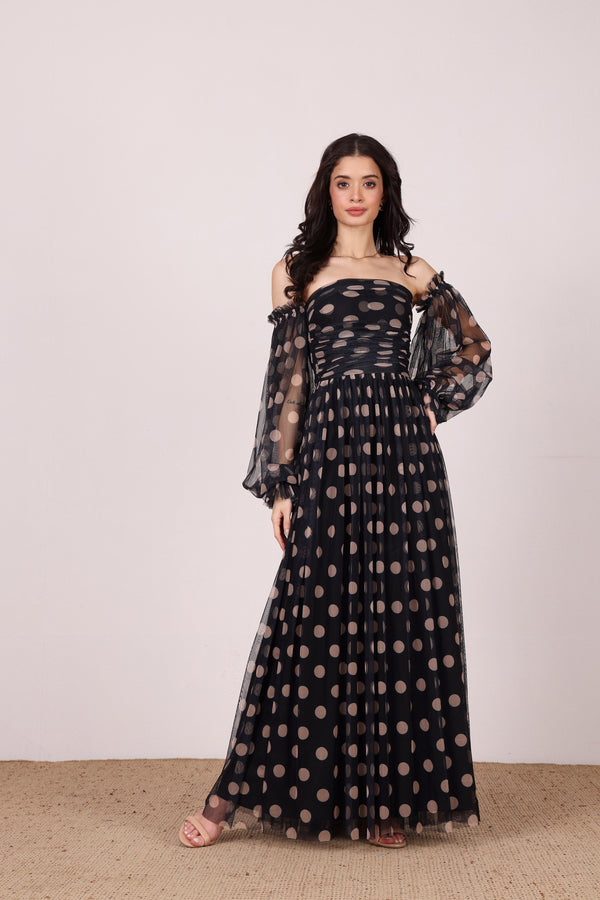 Lace & Beads Lana Maxi Dress In Black And Beige Polka Dot