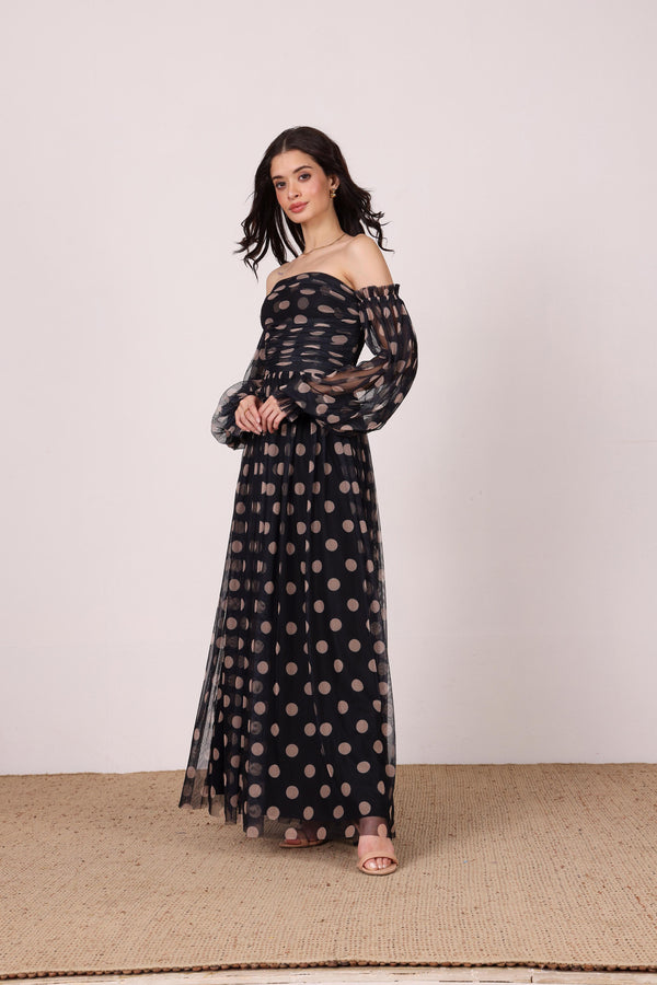 Lace & Beads Lana Maxi Dress In Black And Beige Polka Dot