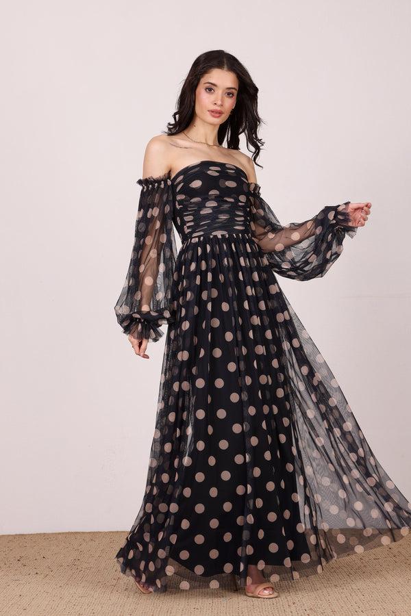 lace & beads Lana Maxi Dress in Black and Beige Polka Dot