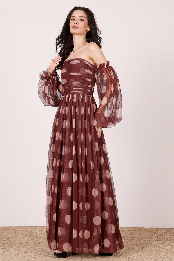 Lace & Beads Lana Maxi Dress In Mahogany Brown And Beige Polka Dot