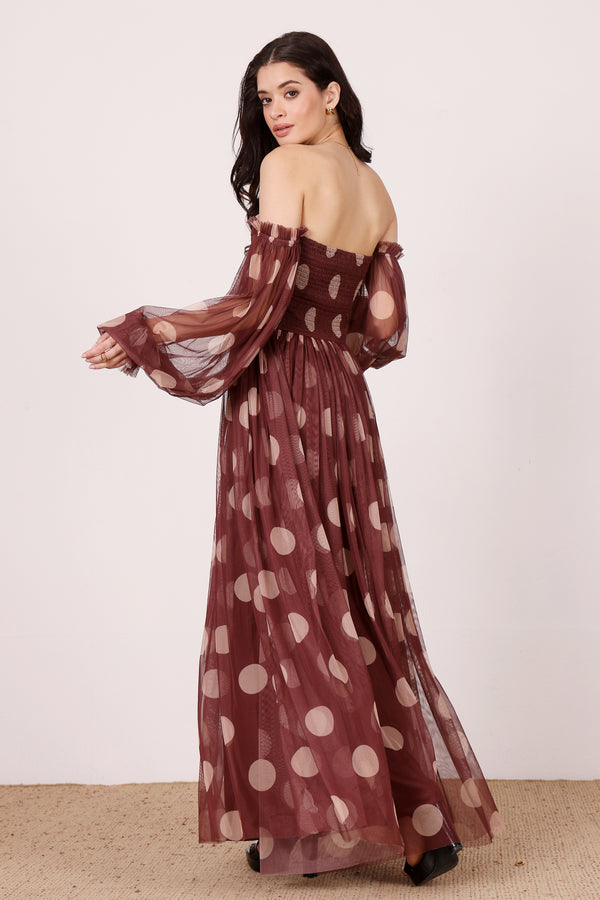 Lace & Beads Lana Maxi Dress In Mahogany Brown And Beige Polka Dot