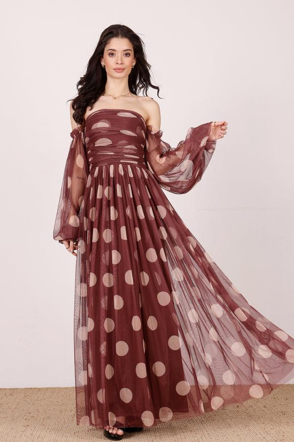 Lace & Beads Lana Maxi Dress In Mahogany Brown And Beige Polka Dot