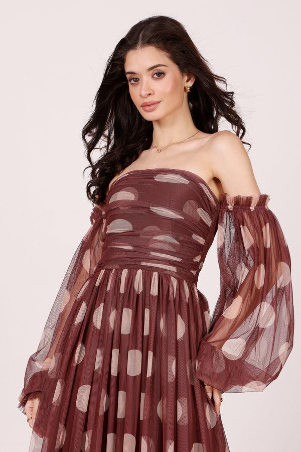 lace & beads Lana Maxi Dress in Mahogany Brown and Beige Polka Dot