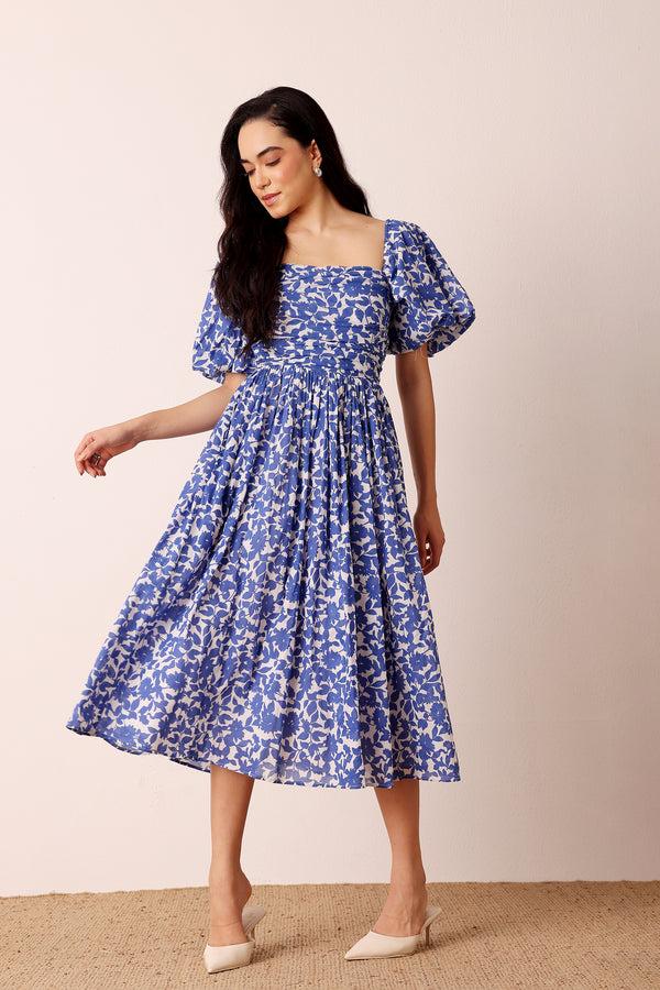Lace & Beads Lana Puff Sleeve Cotton Midi Dress In Blue Leaf Print