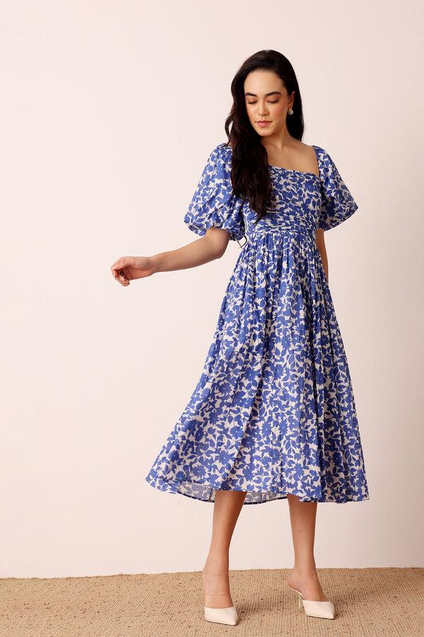 Lace & Beads Lana Puff Sleeve Cotton Midi Dress In Blue Leaf Print
