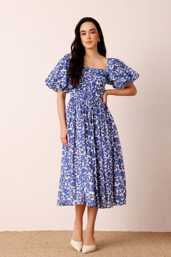 lace & beads Lana Puff Sleeve Cotton Midi Dress in Blue Leaf Print